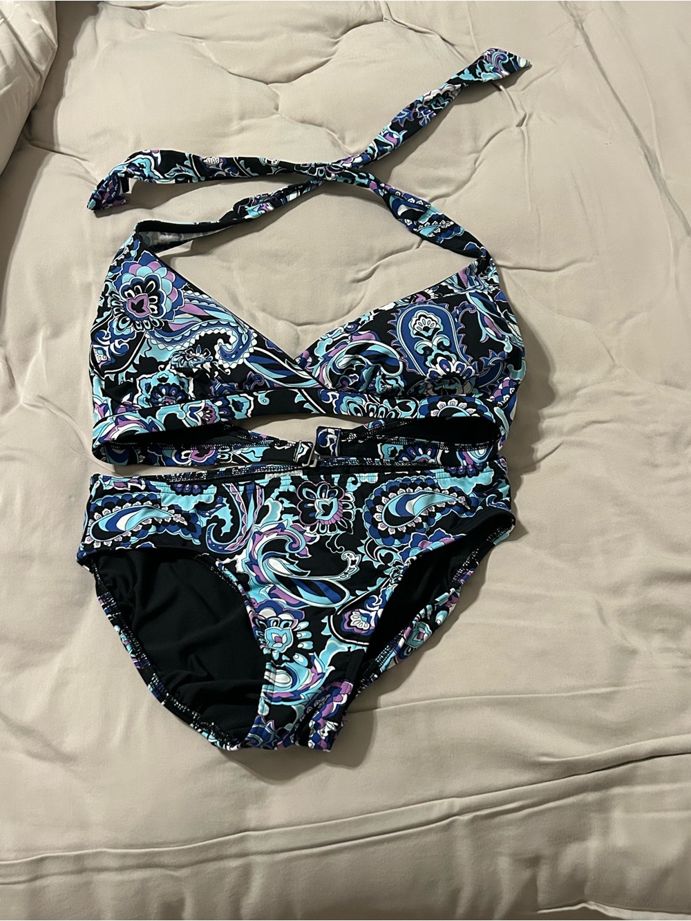 Two-Piece Lands End Paisley Bikini Set in Black, Teal & Purple